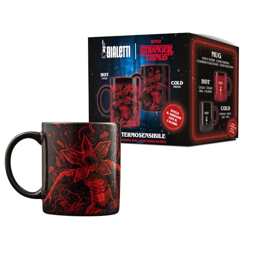 Non usare in Microonde Bialetti Tazza in Ceramica Stranger Things, Termo sensibile, cambia colore con il calore, No Lavastoviglie, 300 ml, Nero