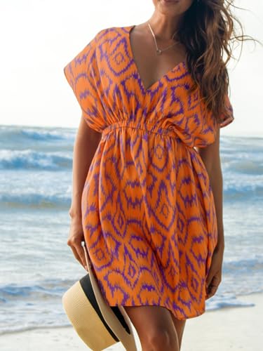 Image of CUPSHE Women's Swimsuit Coverup Casual V Neck Beach Dress Short Sleeve Elastic Waist Swimwear Cover Ups 2026 Beachwear