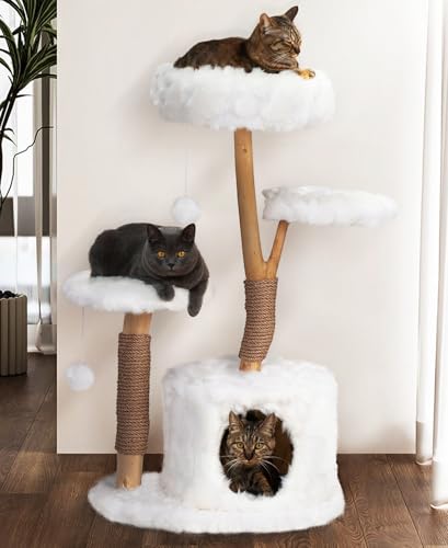 COZIWOW-Cloud-Cat-Tree-Tower-Solid-Natural-Wood-Branches-Modern-Aesthetic-Unique-Cat-Approved-34-L-x-177-W-x-417-H-White COZIWOW Cloud Cat Tree Tower, Solid Natural Wood Branches, Modern, Aesthetic, Unique, Cat-Approved, 34" L x 17.7" W x 41.7" H, White - Image 1