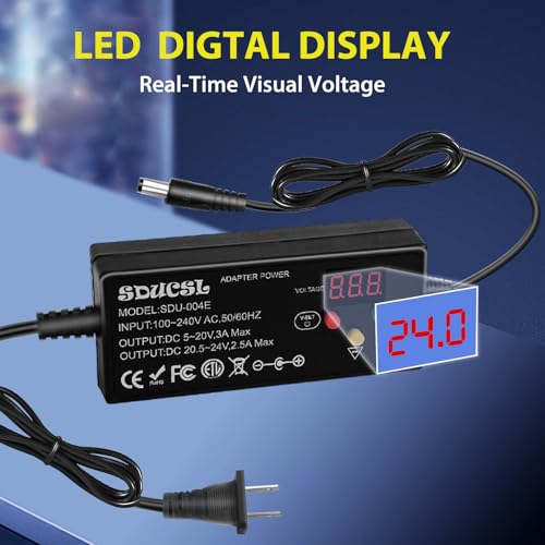 Image of Universal Adjustable AC /DC Power Supply, 5-24V 3A Max 60W Variable Power Adapter with 8 Tips, 100-240V to DC 5V 9V 12V 15V 18V 20V 24V Output, 3-Button Control and LED Display