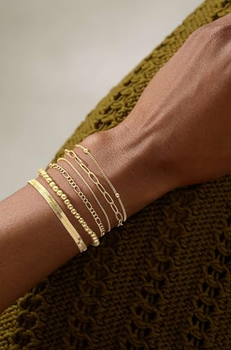 Gold Bracelets for Women, Dainty 14K Gold/Silver Plated Stackable Bracelets for Women Trendy Waterproof Paperclip Figaro Box Herringbone Chain Bracelet Pack Stack Adjustable Fashion Jewelry for Women4