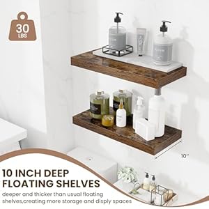 Fun Memories 24 Inch Floating Shelves Wall Mounted 10 Inch Deep Wall Shelves Rustic Wood Shelves for Wall Storage 24 x 10 Floating Shelf for Living Room Bathroom Bedroom Rustic Brown Set of 2