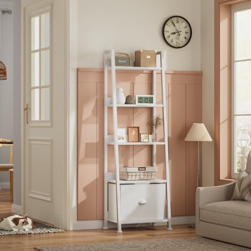Image of Furologee 5-Tier White Ladder Shelf, Ladder Bookshelf with Removable Drawer, Mordern Bookcase Storage Rack Organizer, Wood Metal Freestanding Storage Shelves for Living Room, Home Office, Bedroom