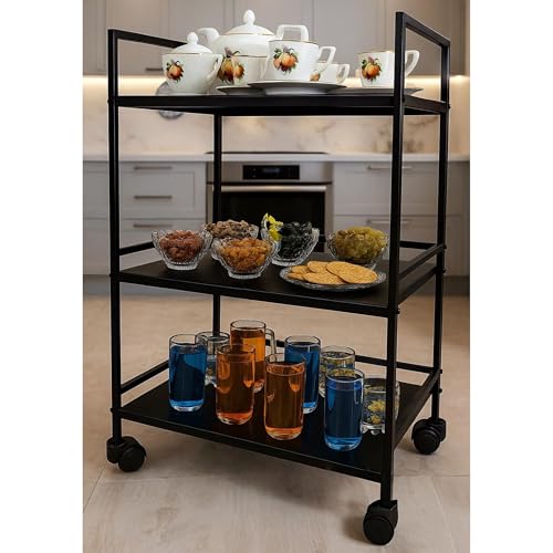 Image of Leader Trolley 3-Tier Rolling Metal Storage Cart, with 360 Wheels, Multipurpose Trolley (Black)