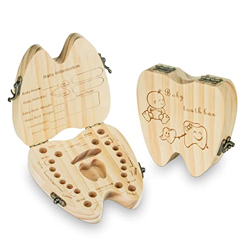 Image of OYBUFSH Baby Teeth Keepsake Box Tooth Fairy Holder Wooden First Lost Deciduous Tooth Collection Organizer Storage for Kids Memory (Boy)
