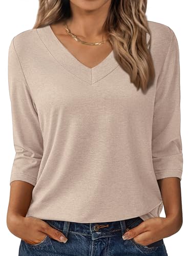 3/4 Length Sleeve Womens Tops V Neck Casual Tunic Loose Fit Basic Shirts Trendy Tops for Women 2026 Apricot S