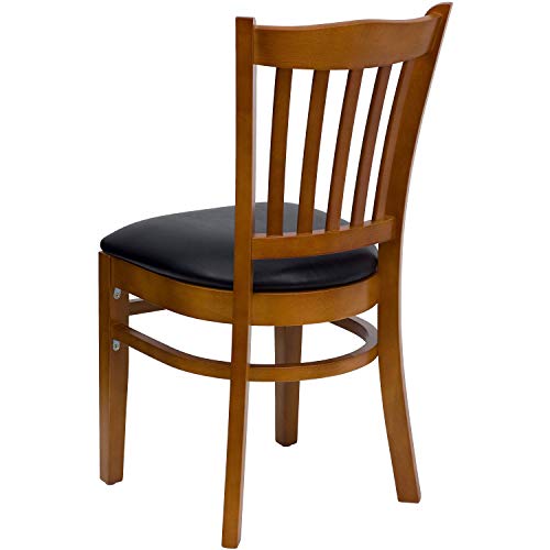 Image of Flash Furniture 4 Pk. HERCULES Series Vertical Slat Back Cherry Wood Restaurant Chair - Black Vinyl Seat | Vertical Slat Back, Wood FrameVinyl Upholstery, Durable Construction, Commercial Use
