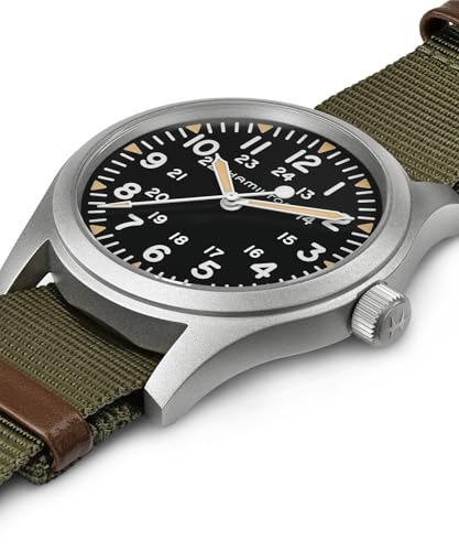 Image of Hamilton Khaki Field Mechanical Men's Watch, 42mm Stainless Steel Case, Swiss Made, Black Dial Analog Wrist Watch for Men, 50m Waterproof, Sapphire Crystal, Textile Strap