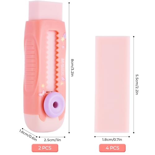 Image of M&G 2+4 Pack Rubber Erasers Sliding Retractable Eraser, 2 Pack Cute Erasers Push Pull Large Pencil Eraser with Plastic Sleeve and 4 Refill Erasers for Students, School Office Supplies (Pink Unicorn)