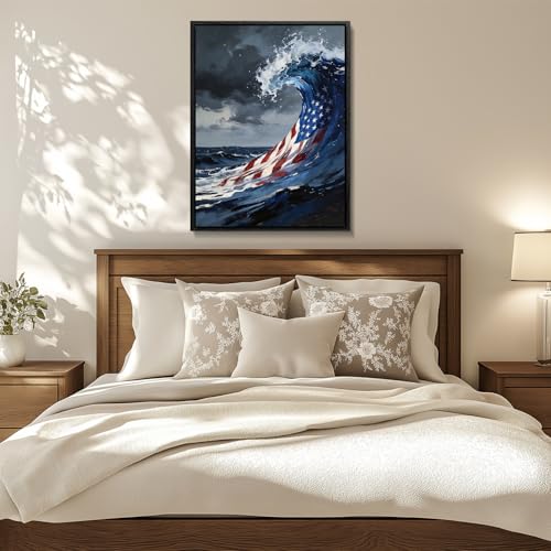 Image of American Flag Framed Canvas Wall Art, 4th of July Red White Blue Canvas Prints, USA Flag Ocean Waves Abstract Patriotic Decorations, Independence Day Wall Decor for Bedroom Living Room Office 6x8