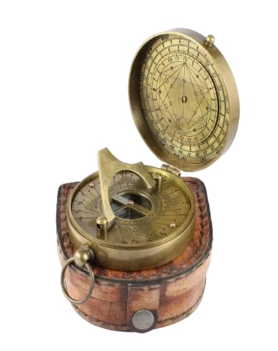 Brújula de reloj de sol antigua de latón – Instrumento de navegación marítima vintage con estuche de cuero miniatura 1