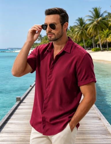Drazivon Men's Linen Short Sleeve Button Down Casual Beach Shirts Red 2XL - image 2