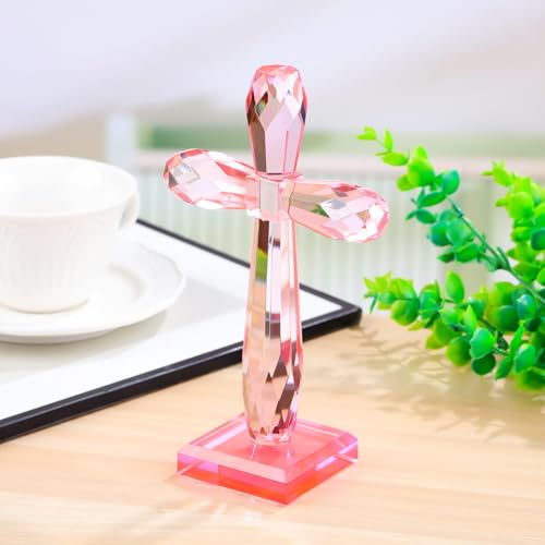 Image of YWHL Handmade Pink Crystal Standing Cross Decor, Religious Cross Gifts