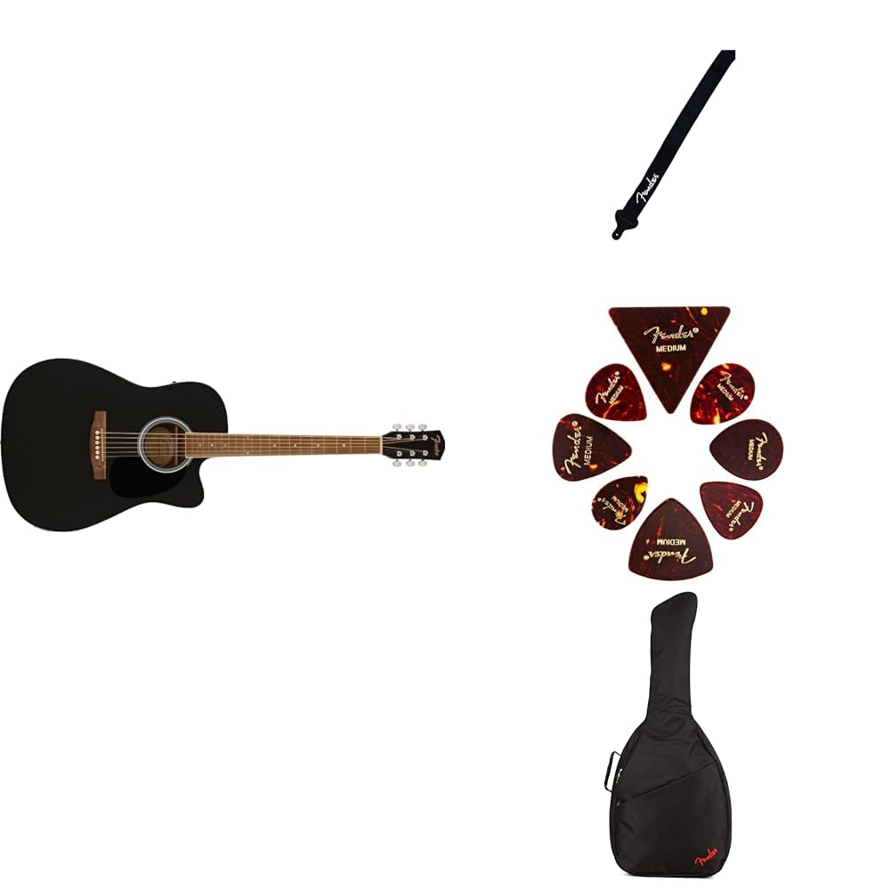 Fender FA-25CE Electro-Acoustic Guitar Kit, with Built-In Tuner and Controls, includes Strap, Picks, and Padded Gig Bag, Black Electro Acoustic