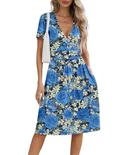 Image of NILOUFO Women's Summer Short Sleeve Casual Dress Wrap V Neck Party Midi Dresses with Pockets
