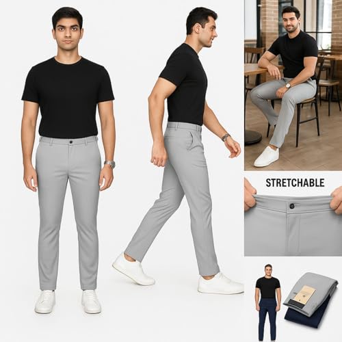 Image of Men's Chinos Stretchable Trousers with Expandable Waist - Lycra Cotton Blend Formal Casual Pants | Skin Friendly Solid Regular Fit