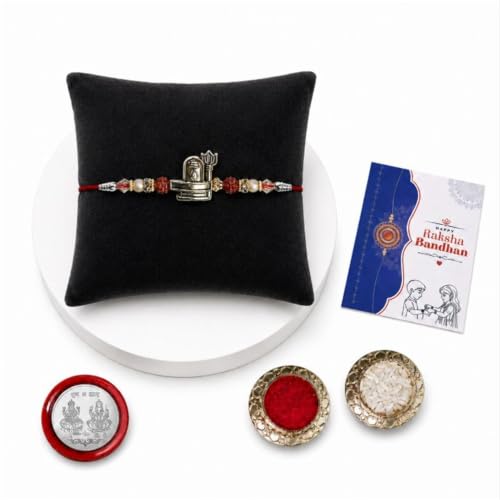 Image of Oblivion Rakhi For Brother Set of 1 - Elegant Mahadev Ji With Beads Thread Designer Rakhi with Tilak Set, Silver Colour Coin and Greeting Card - Traditional Raksha Bandhan Combo for Bhai (Pack of 4)