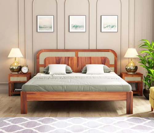 Image of Solid Sheesham Wood Queen Size Bed Without Storage for Bedroom Living Room | Wooden Double Bed Cot for Home Hotel | (Honey Finish-Emalyna, Queen Size)
