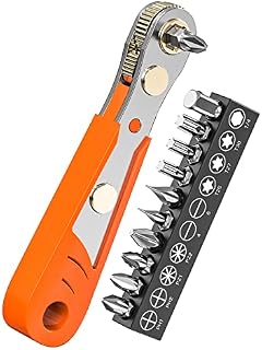 Right Angle Phillips Magnetic Screwdriver, Ancable 1/4 PH2 Mini Ratchet Wrench 1/4 Inch Drive High Torque Offset Reversible Mini Ratcheting Offset Screwdriver with Screwdriver Bits Set