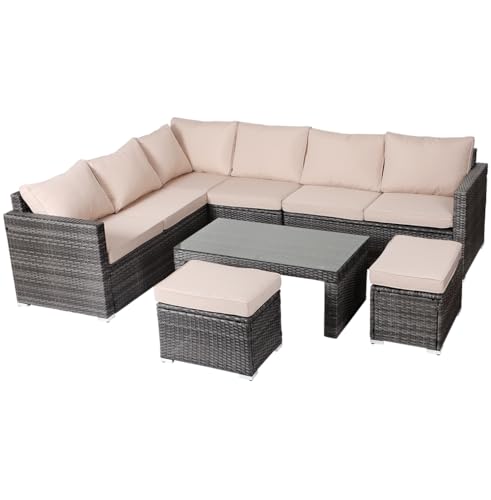 Panana 8 Seater Rattan Garden Sofa Set with Coffee Table Stool, Outdoor Lounge Set with Cushions & Free Cover, Garden Seating for Patio Conservatory Balcony (Mixed Grey with Beige Cushions)