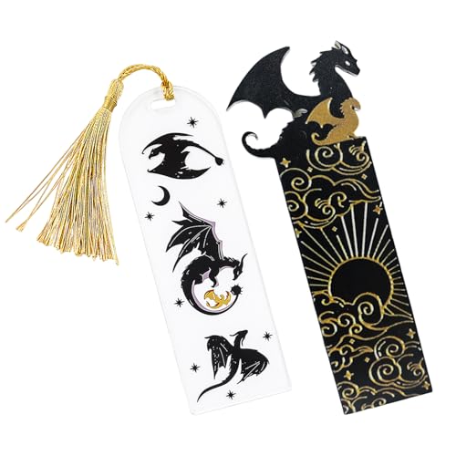 Marcapáginas De Dragón De Oro Negro - 2 Piezas Con Patrón De Doble Cara, Acrílico Con Grabado De Nubes Y Sol - Regalo Para Amantes De La Lectura