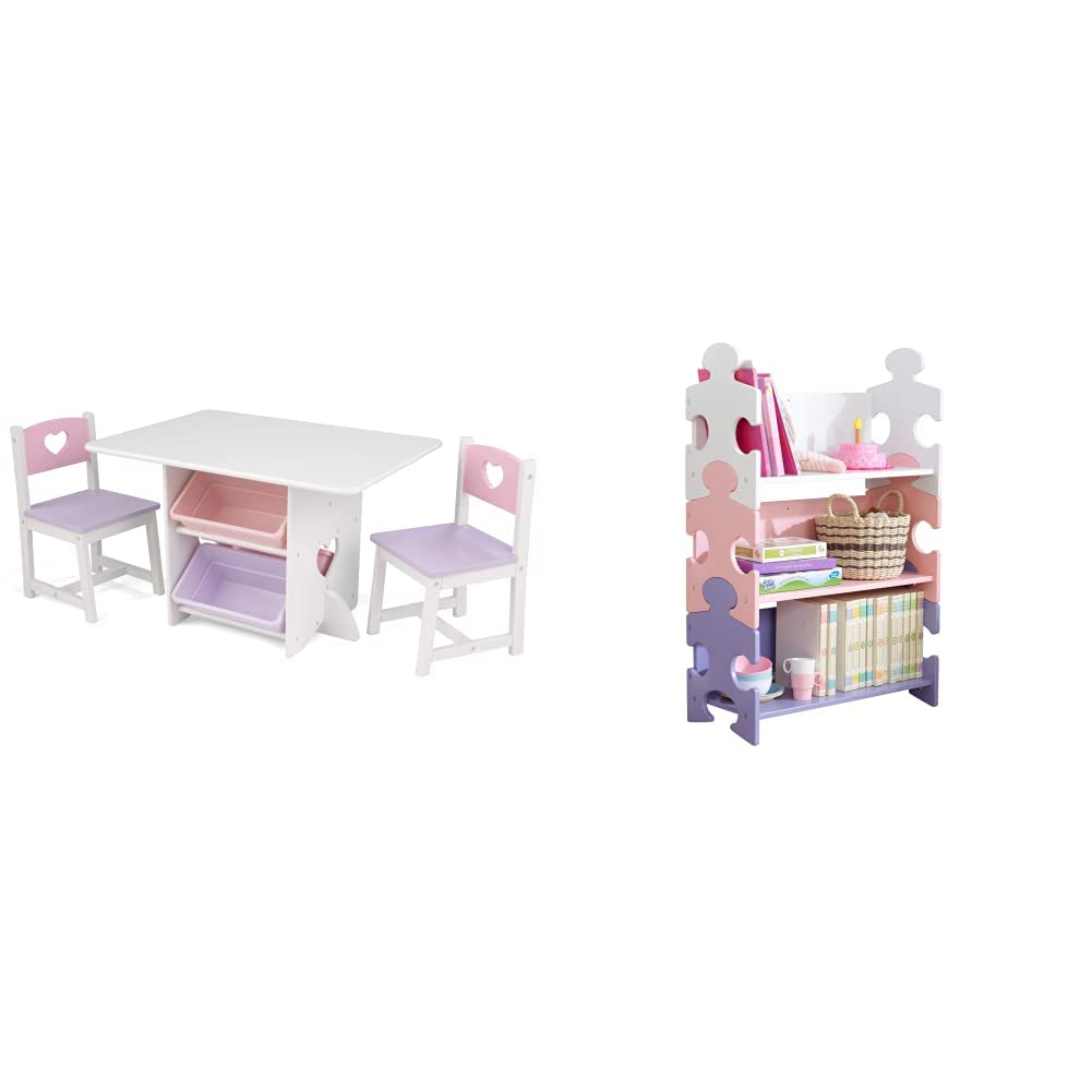 KidKraft Wooden Heart Table & Chair Set with 4 Storage Bins, Children's Furniture Pink, Purple