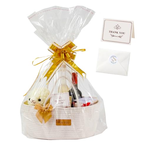 Image of Mothers Day Gift Basket Empty Woven Basket with Bowbie Greeting Cards Ribbon Gift Bag Set, Cotton Rope Storage Baskets With Handle For Baby Belongs Toy Storage Basket Party Holiday Shower Gifts Box