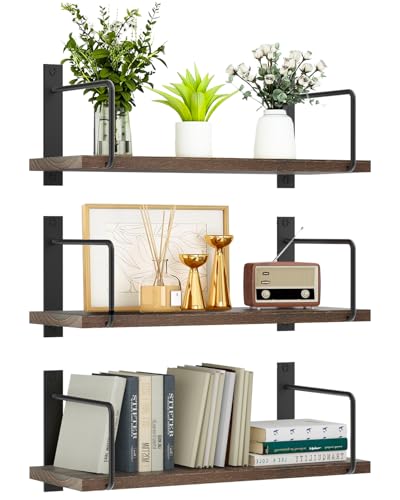 TRAYINDALY Estanteria Pared Madera Juego de 3, Baldas Flotantes Pared Rústicos y Decorativas Ideal para Dormitorio, Baño,Cocina, Oficina, Sala (Marrón)
