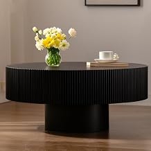 Round Coffee Table Modern Fluted Drum Coffee Table with Handcraft Embossed Edge Design Wood Circular Pedestal Coffee Tables Minimalist Center Table for Farmhouse Living Room,Black Thick