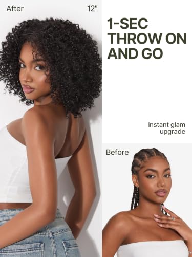 Image of Jerry Curly Wigs 13X6 HD Lace Frontal Glueless Wig 12 Inches | Short Curly Wigs for Black Women 200% Density Headband Wig Natural Black Ready to Go