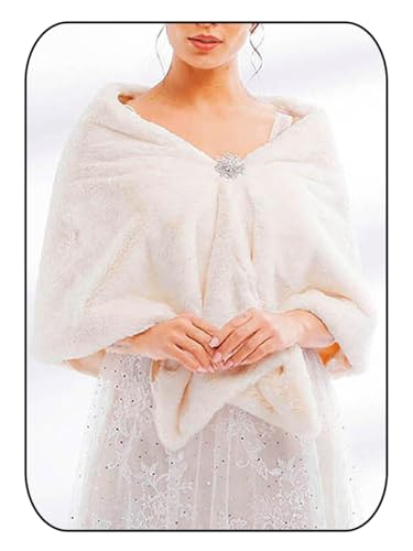 Women Wedding White Faux Fur Shawl and Wrap Bridal Stole Cape Sleeveles Shrug Scarf for Brides and Bridesmaids