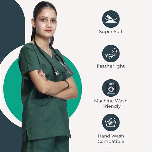 Image of Medical Scrub Suit For Women - Green (Medium) | Poly Viscose Fabric | Ultimate Comfort and Breathability | Elasticated Waist | Multiple Pockets | V-Neck