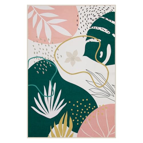 Lahome Area Rugs 4x6 Washable Soft Bedroom Rugs - Non-Slip Ultra-Thin Rugs for Entryway Stain Resistant Floor Rug, Boho Botanical Print Indoor Rug for Living Room Kitchen Office (4'x6',Green/Pink)