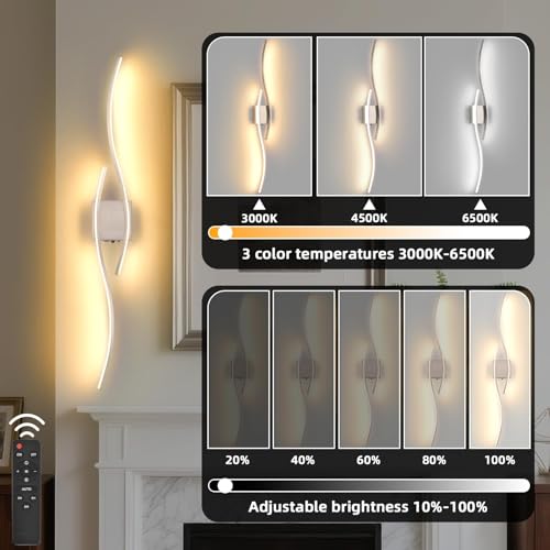 Image of Battery Powered Silver Wall Sconces Set of 2, Brushed Nickel 39.4 inch LED Dimmable Wall Sconce with Remote Control /Timer /Memory, USB Rechargeable Wall Lights for Living Room Bedroom Hallway