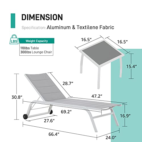 Patiorama Outdoor Patio Chaise Lounge Chair Set Of 3, White Aluminum Textilene Padded Adjustable Recliner W/Wheels, Side Table, Pool Lounger All Weather For Yard, Beach, Balcony (Light Grey) #TOP2