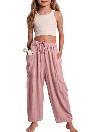 Image of COZYPOIN Girl's Wide Leg Pants Elastic Waist Loose Fit Flowy Casual Beach Palazzo Harem Trousers with Pockets 5-14 Y(DarkPink-L)