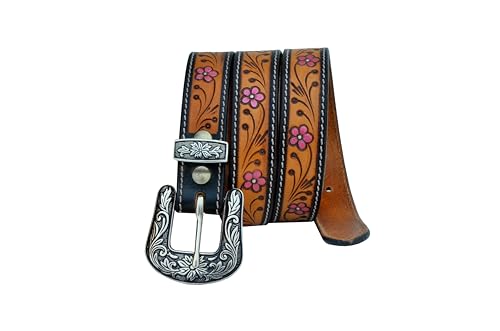 Western Tooled Pink Floral Hand Finished Leather Belt For Women, Kids, Girls Belt 40AB0044
