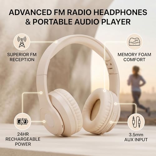 Auriculares de radio FM con 24 horas de reproducción continua y entrada auxiliar 2