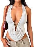 Women's Cute Summer Y2K Halter Top Sexy V Neck Tie Open Back Sleeveless Backless Going Out Tops for Women Club Party White
