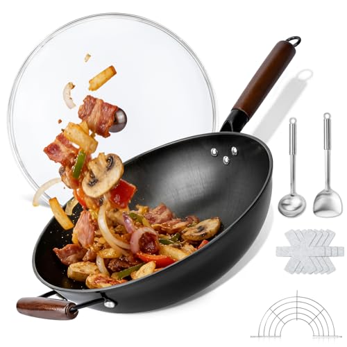 Colourcoco 12.99 Carbon Steel Wok - Nonstick Stir-Fry Pan with Lid Professional Chef Cookware for Fast & Uniform Heat Conduction Flat Bottom Stainless Steel Wok