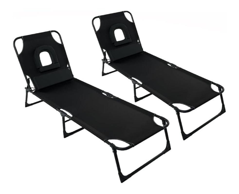 Kingtoss 2 x Sun Lounger for Garden, Foldable Reclining Sunbed Chair with Padded Face Hole, 4 Adjustable Positions, Folding Metal Frame, Extra Cushion, No Assembly Required - Black