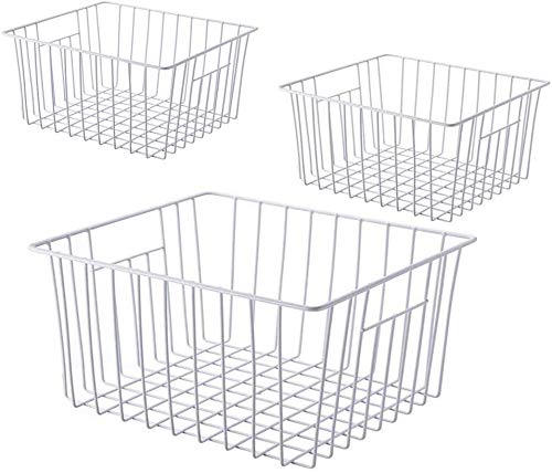 SHIOK DECOR Stainless Steel Freezer Wire Storage Organizer Round Baskets With Handles (Pearl White) - Pack Of 3