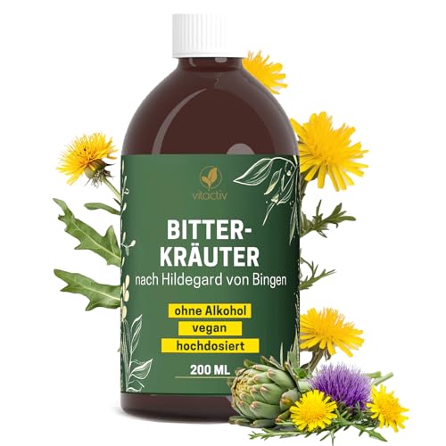 Vitactiv BITTERKRÄUTER - Bittertropfen ohne Alkohol 200ml (117 Tage) - Erlesene Kräuter plus Cholin Zink - Bitterstoffe Tropfen nach Hildegard von Bingen - Ohne Künstliche Zusätze Zuckerfrei Vegan