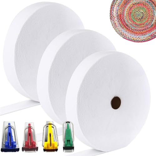LAIAMER 3 Roll Jelly Roll Batting Strip 2 1/4 in×50 Yard Total 150 Yard Cotton Blend Fleece Batting Roll for Quilts Needle Punched with 4 Fabric Tube Makers for Jelly Roll Rugs,Throw Rugs,Braided Rug