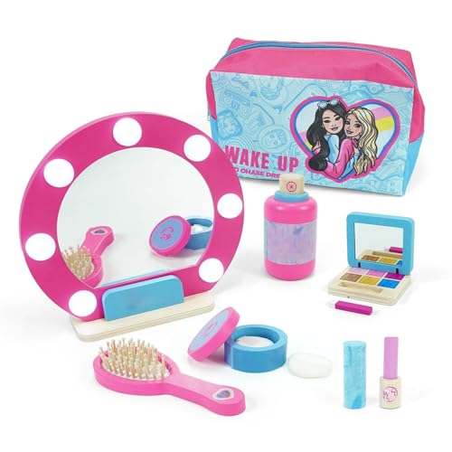 Juego de maquillaje de madera para niñas con espejo y estuche rosa