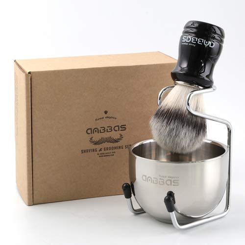 ANBBAS Shaving Brush Set 3 Piece Badger Hair Stainless Steel Stand & Bowl