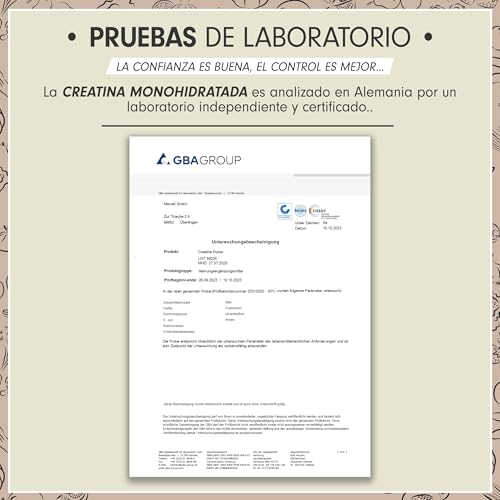 Documento de laboratorio que certifica la calidad de la creatina monohidratada ProFuel, analizada en Alemania.