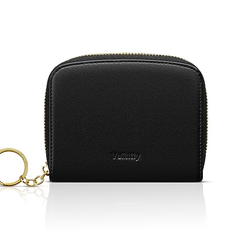 Small Wallet For Women RFID Blocking With Zipper Around Case Trifold Compact Leather Card Purse with Coin Pocket Black