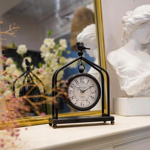 SOFFEE DESIGN 7.5'' x 10'' Mantel Clock Iron Tower Frame, Creative Bird Ornament Tabletop Clock, Silent Clock with Hollow Carved Back Cover for Home Decor, Black - Image 2