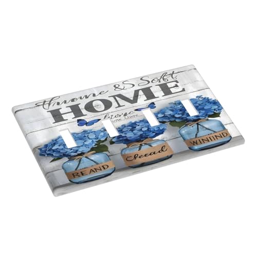 Decorative Light Switch Cover Plate Blue Flower Bottles Wood Plank 4 Gang Wall Plate Oversized Quad Toggle Switch Cover Plate Jumbo Faceplate for Bedroom Decor